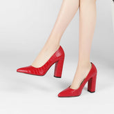 Pointed toe thick heel solid color high heels